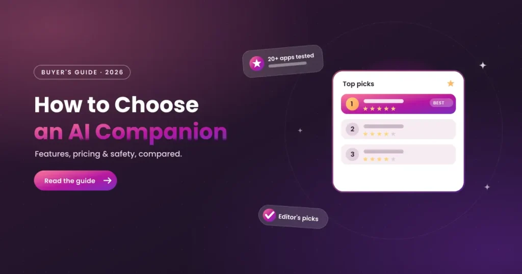 A user interface mockup comparing features and pricing of three AI companion apps